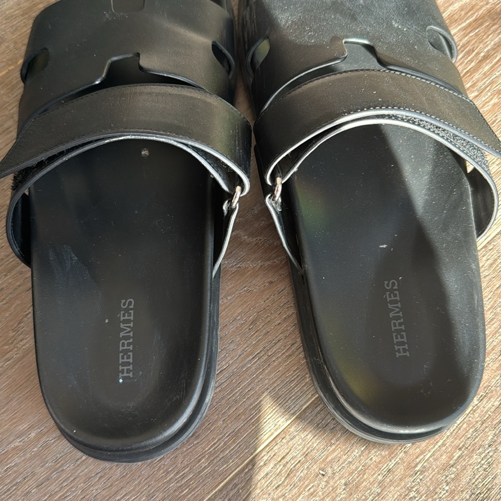 Hermes Black Leather Oran-Style Slide Sandals - Picture 3 of 5